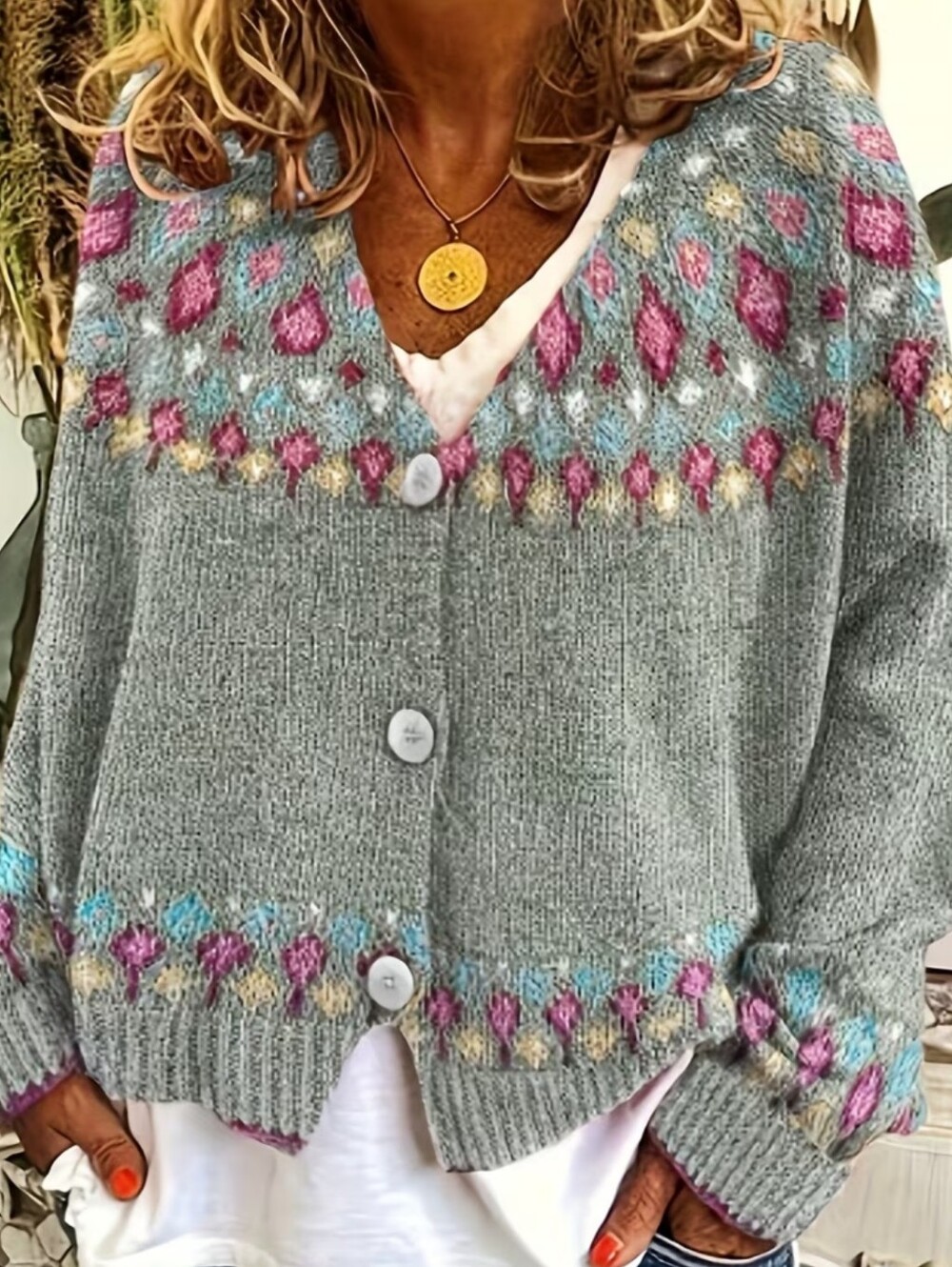 Women's Gray V-Neck Fair Isle Button Cardigan Sweater